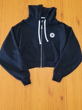 Converse Black Cropped Zip-Up Hoodie with White Drawstrings